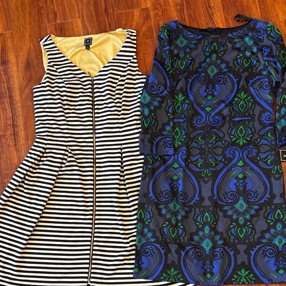 Jessica Howard Black and White Striped Dress with Gold Accents
